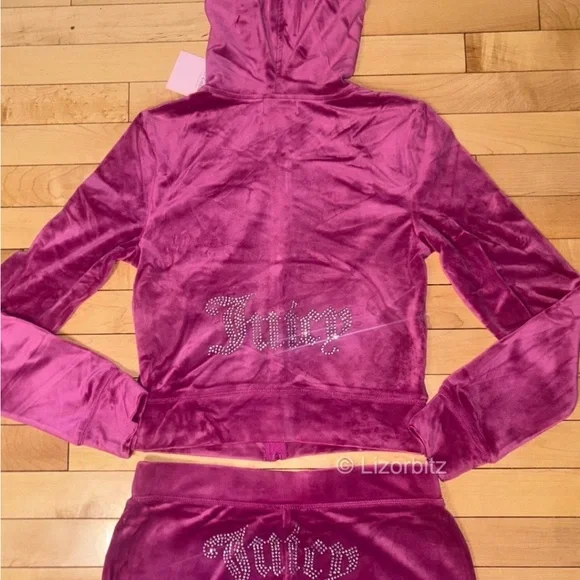 NEW! NWT JUICY COUTURE Velour OG Bling Tracksuit Set in Fuchsia Pink Size Medium - Picture 2 of 5